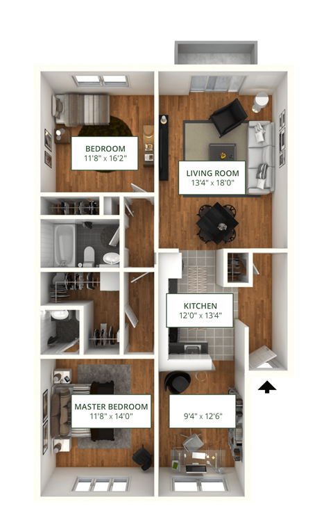 Floor plan for 2 beds, 1.5 baths, 1000 sqft